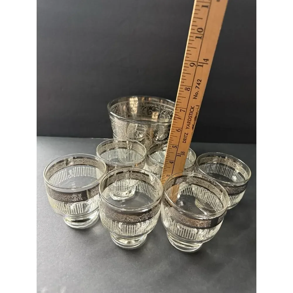 Vintage Starlyte (6) Glasses (1) Ice Bucket Set Clear Silver Rim Band Retro MCM